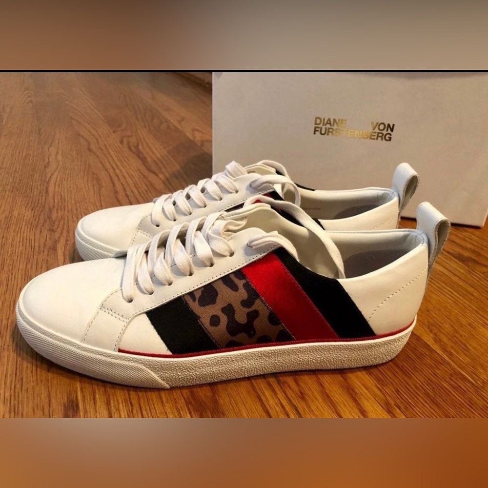 Diane von Furstenberg Leather Sneakers with Black, Red & Leopard Stripe Size 8